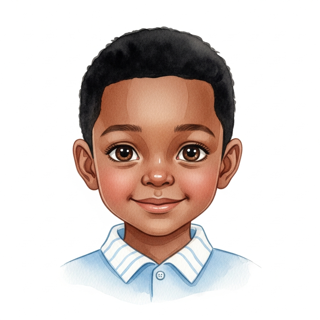 dark brown skin, black short hair