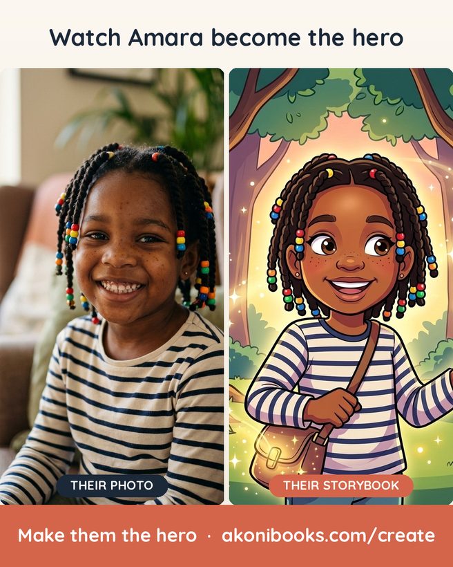 A child's real photo rendered as their illustrated storybook hero